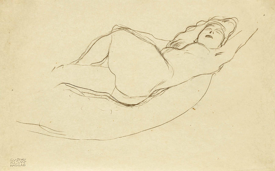 Reclining Nude facing Right Drawing by Gustav Klimt