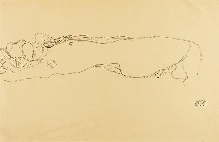 Reclining Nude Drawing by Gustav Klimt