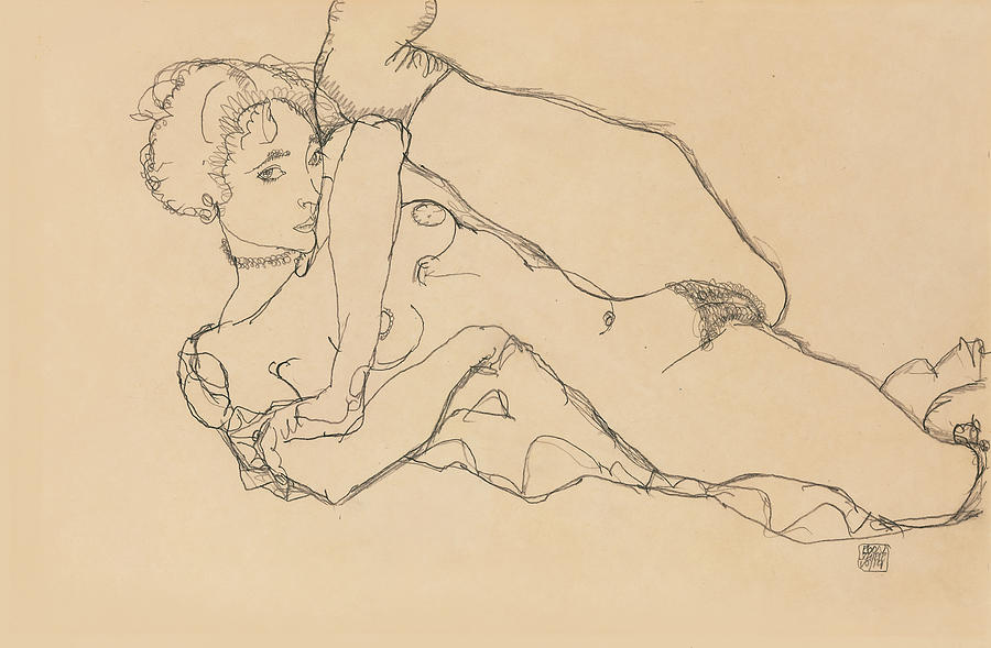 Reclining Nude with Left Leg Drawn In Drawing by Egon Schiele