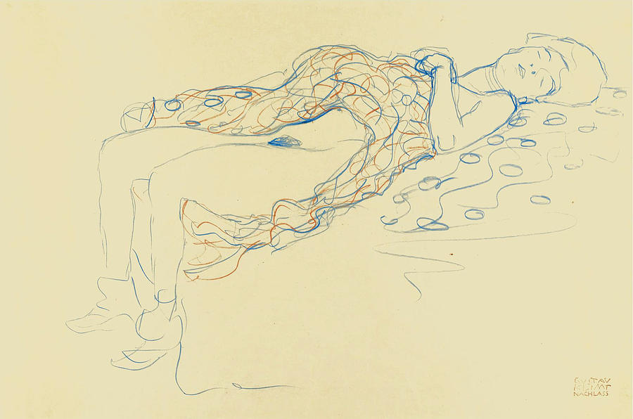 Reclining Semi-Nude to the Right Drawing by Gustav Klimt