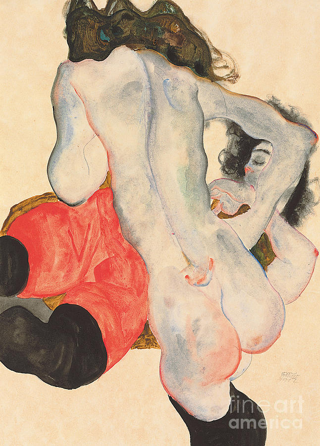 Nude Painting - Reclining woman in red trousers and standing female nude by Egon Schiele