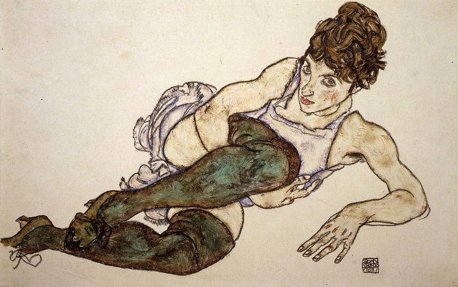 Egon Schiele Drawing - Reclining Woman with Green Stockings by Egon Schiele