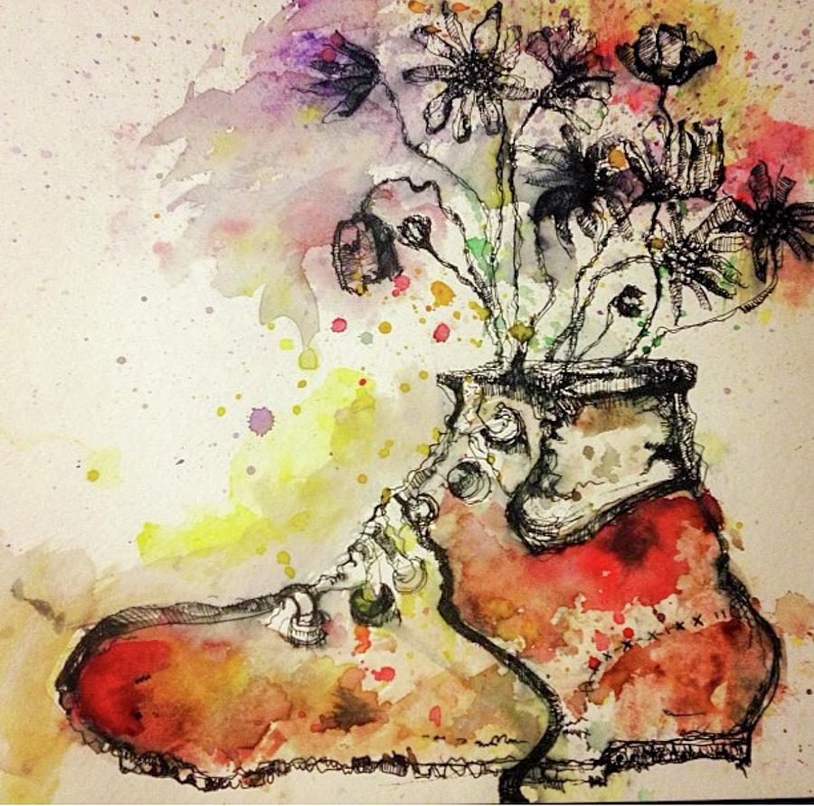 Flowers Still Life Painting - Recycle Shoes by Isaac Alcantar