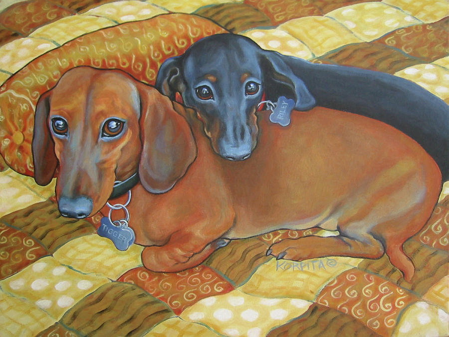 Red and Black Dachshunds - Best Buds Painting by Rebecca Korpita