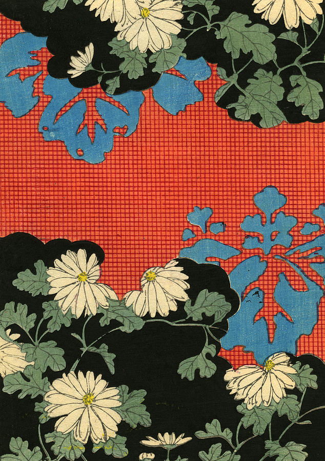Red and Black Design with Daisies Painting by Japanese School