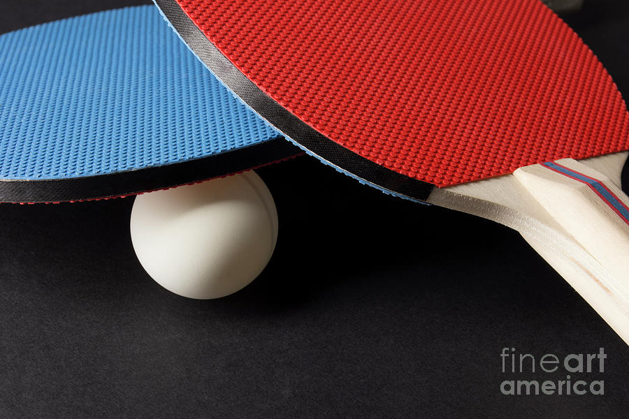 Ball Photograph - Red and Blue Ping Pong Paddles - Closeup On Black by Jason Kolenda