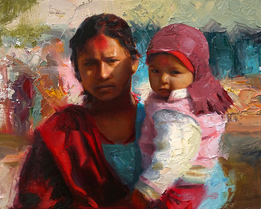 Red and Blue Portrait of Nepalese Mother and Child Painting by K Whitworth