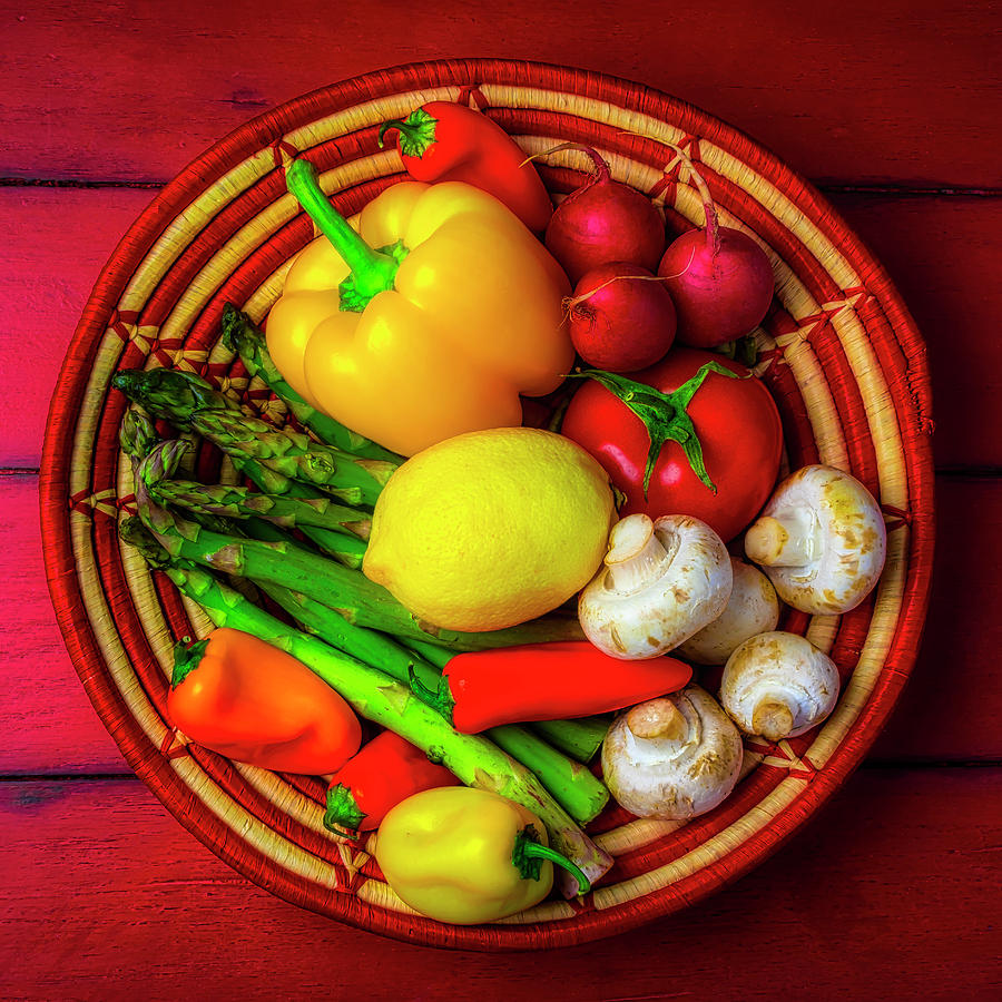 Red And White Basket Of Vegetables Photograph by Garry Gay