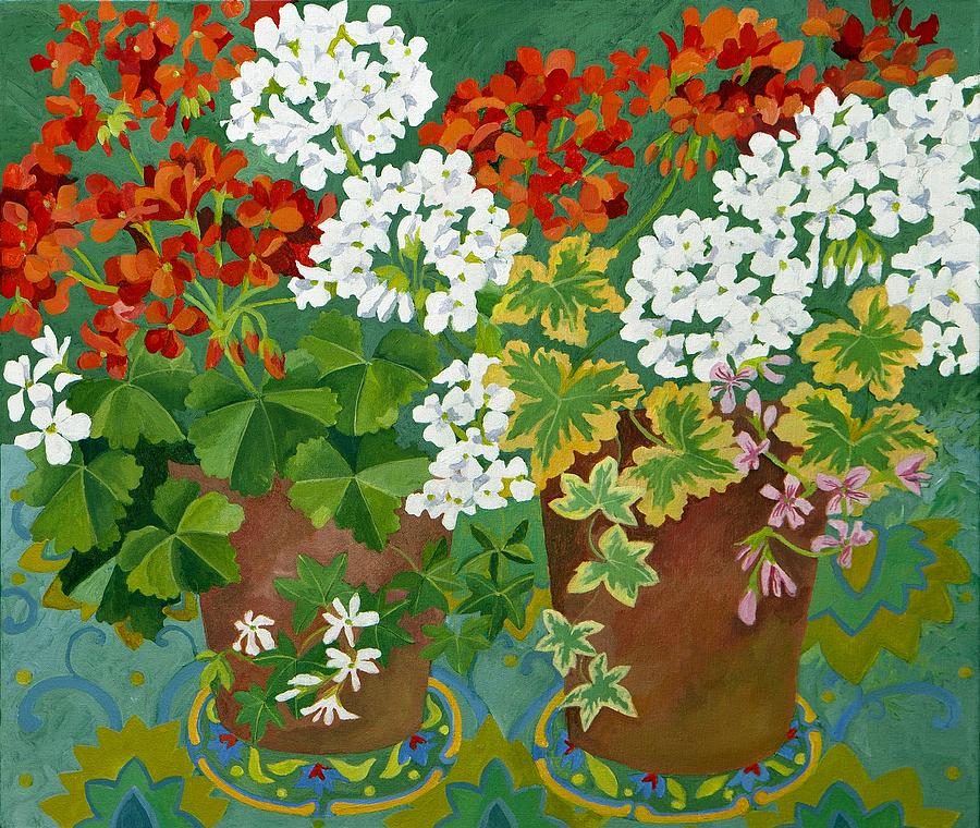 Still Life Painting - Red and white geraniums in pots by Jennifer Abbot