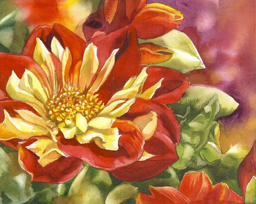 Red And Yellow Dahlias Watercolor Painting by Alfred Ng