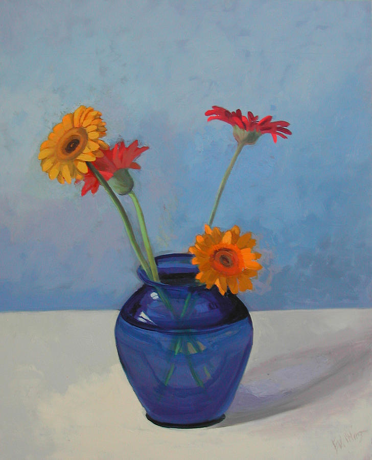 Floral Still Life Painting - Red and Yellow Gerbera Daisies by Eva Wittlinger