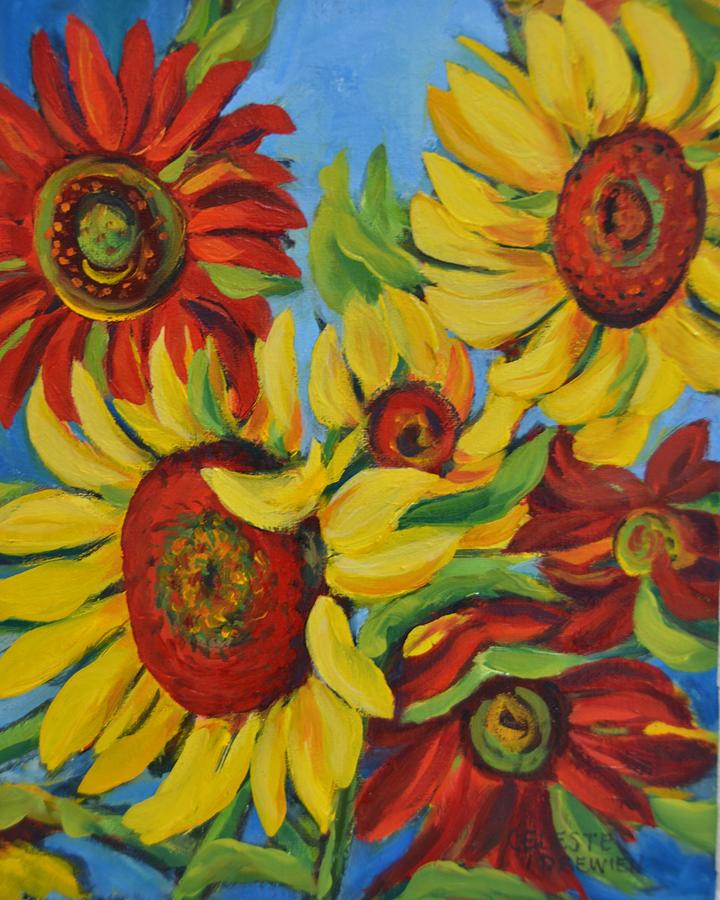 Sunflowers in Red and Yellow Painting by Celeste Drewien