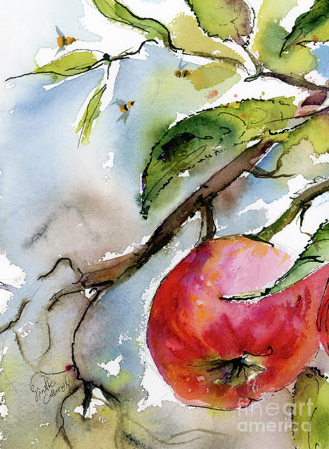 Red Apple  and Bees Painting by Ginette Callaway