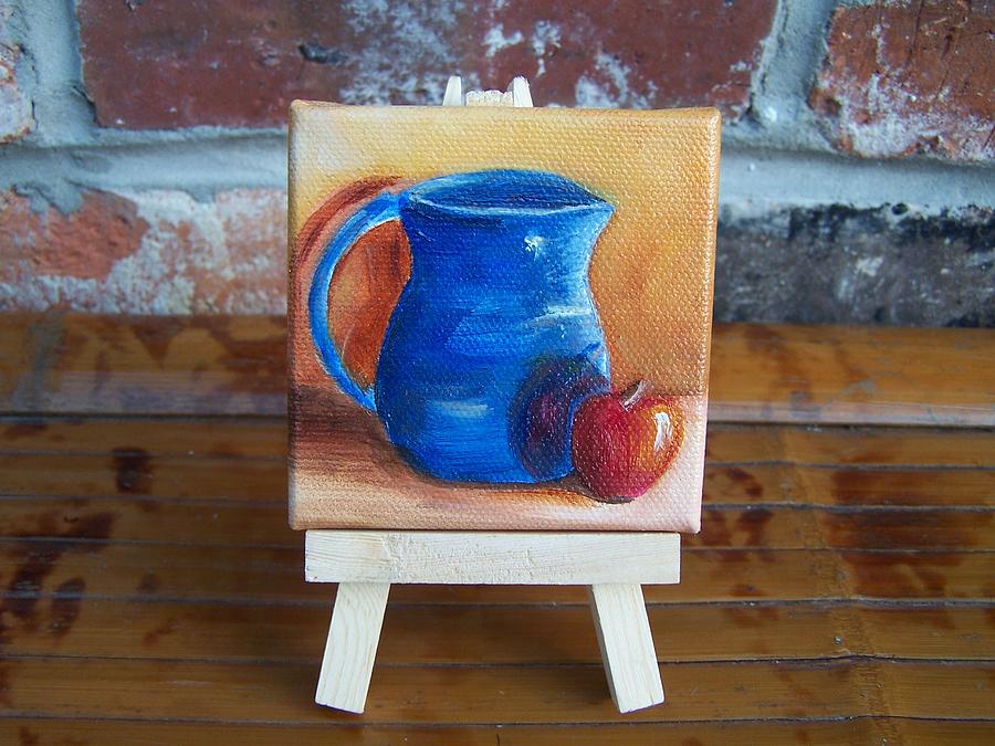 Red Apple with Blue Vase Miniature with Easel SOLD Painting by Susan Dehlinger
