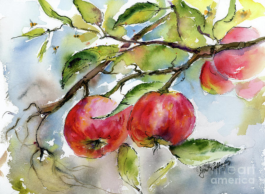 Red Apples and Bees Tree Branch Painting by Ginette Callaway