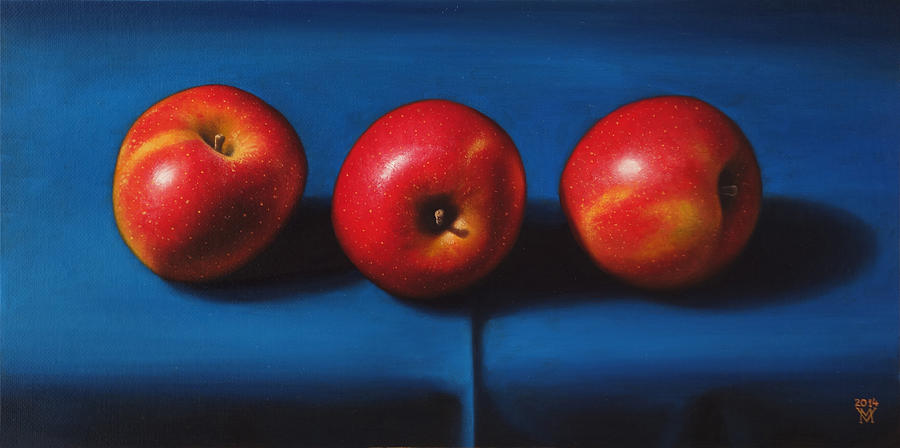 Still Life Painting - Red Apples On Blue Canvas by Miljan Vasiljevic