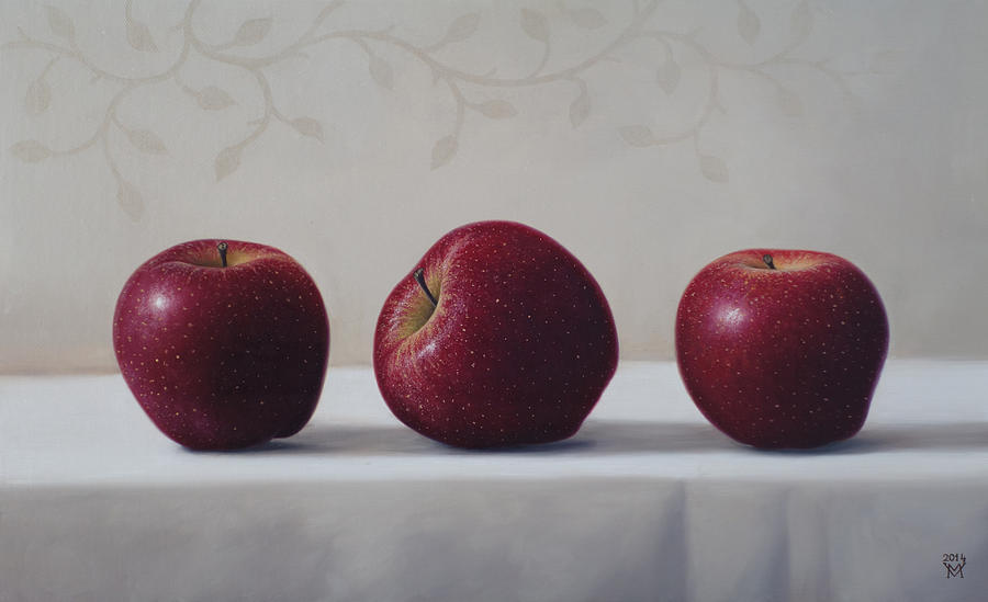 Red Apples On White Canvas Painting by Miljan Vasiljevic
