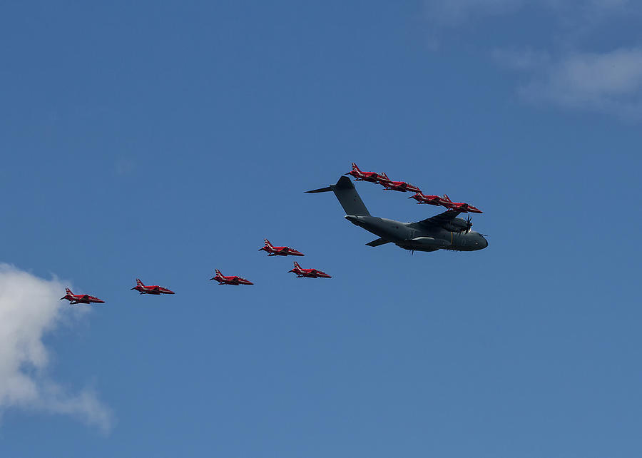 Red Arrows and A400M formation Photograph by Shirley Mitchell