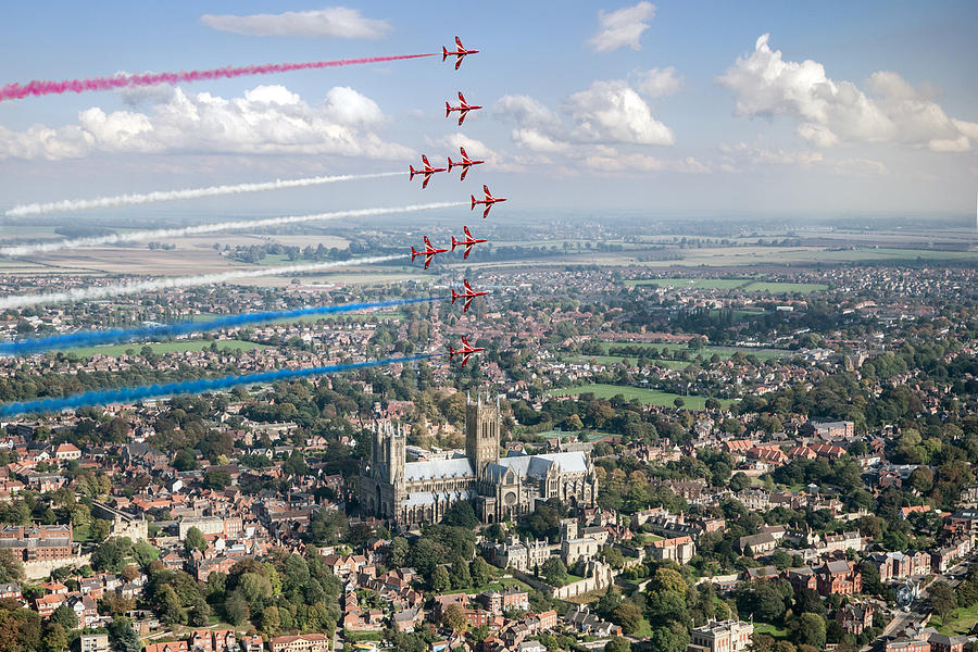 Red Arrows over Lincoln smoke on Digital Art by Gary Eason