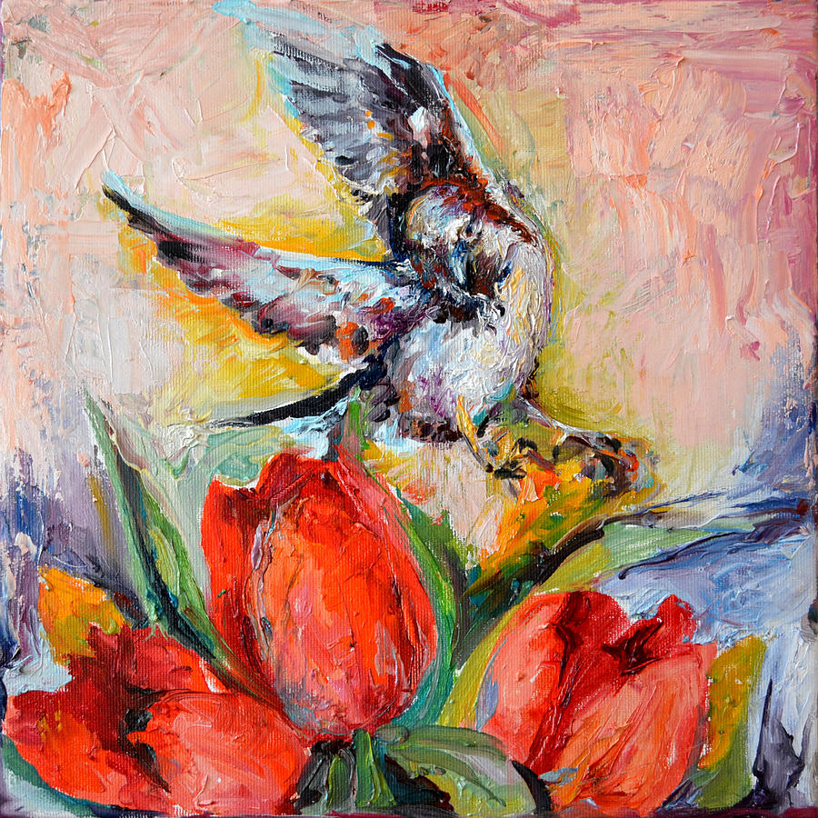 Red Attraction - Sparrow and Red Tulips, Original Bird and Spring Floral Oil Painting Painting by Soos Roxana Gabriela