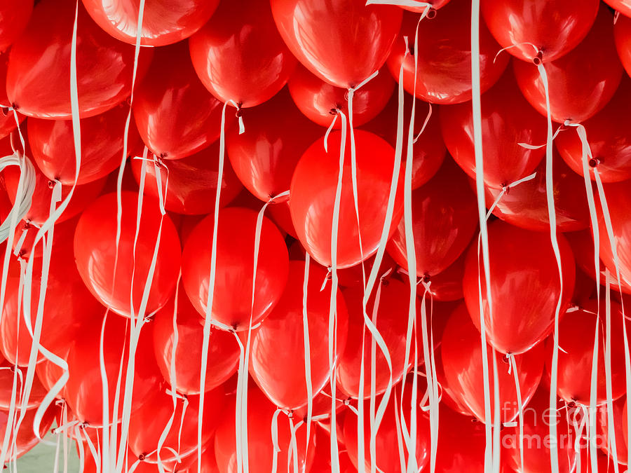 Return Of The Hanging Balloons Red balloons hanging under a ceiling Photograph by Frank Bach - Fine