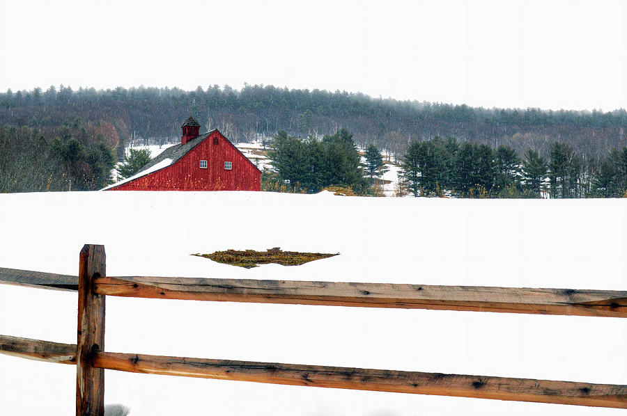 Winter Photograph - Red Barn and Fence by Geoffrey Coelho