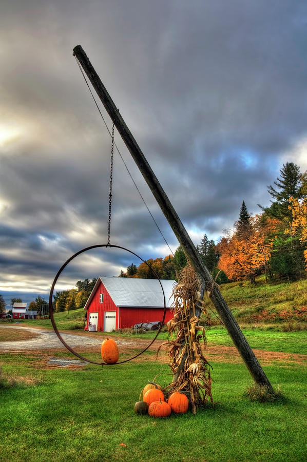Red Barn Photograph - Red Barn And Pumpkins in Autumn - Vermont by Joann Vitali