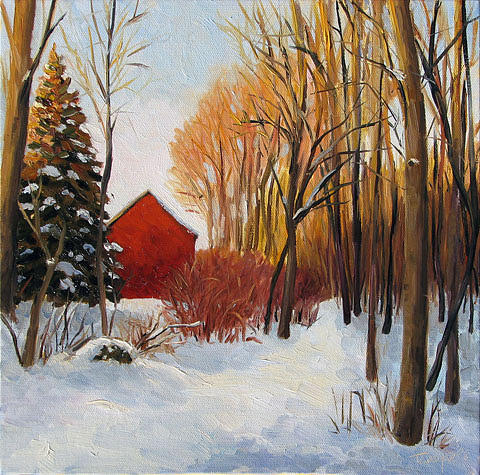 Red Barn And Snow Painting by Takeyce Walter