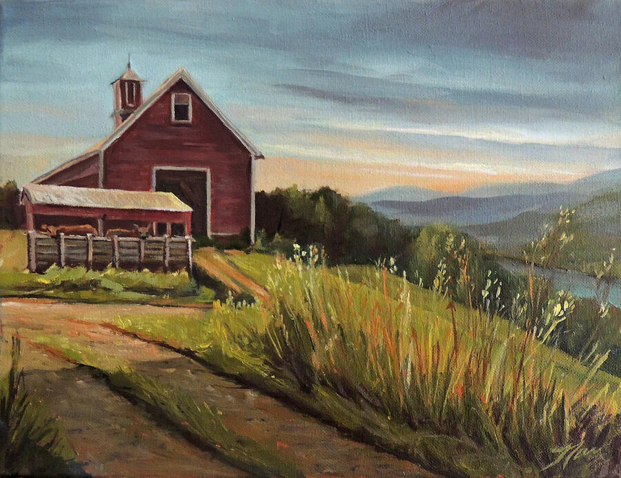 Red Barn by the Connnecticut River Painting by Nancy Griswold