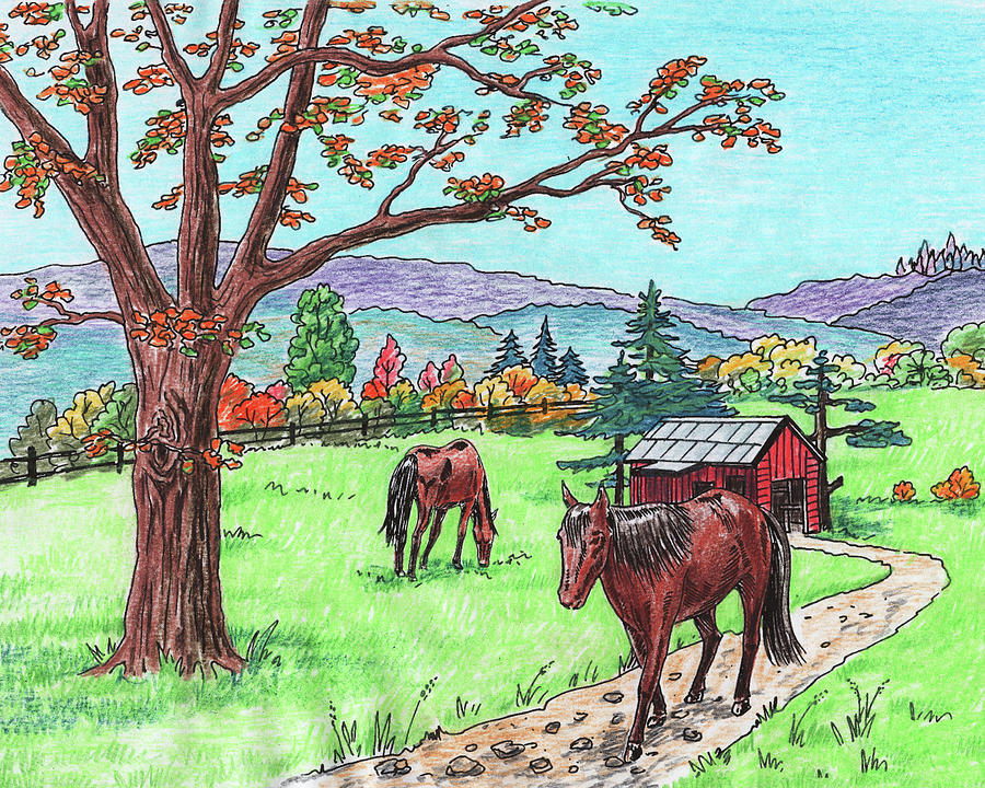 Red Barn Horses Autumn Ranch  Painting by Irina Sztukowski