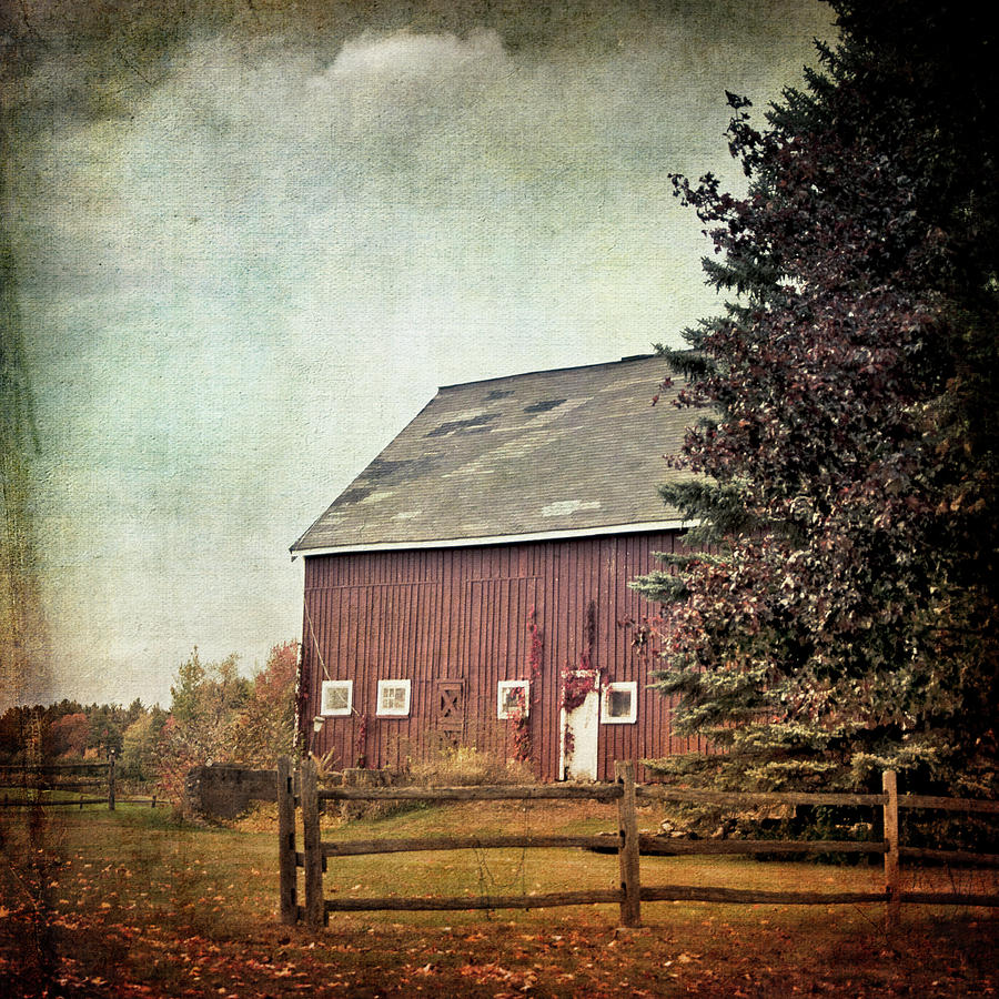 Red Barn in Autumn - Vintage Art Photograph by Joann Vitali