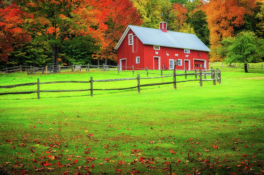 Fall Photograph - Red Barn in Autumn-Woodstock VT by John Vose