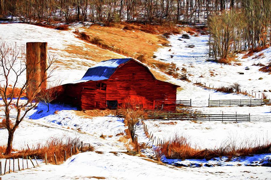 Mountain Photograph - Red Barn In Snow Painted by Carol Montoya
