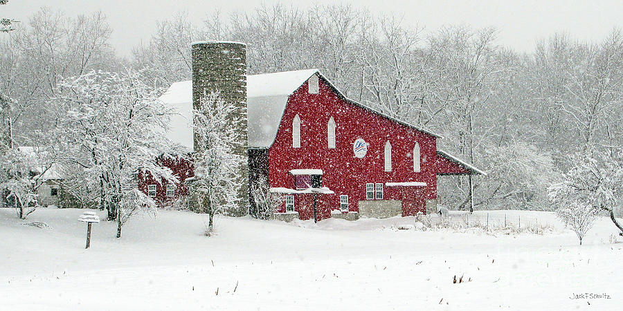 Red barn in Snow signed Photograph by Jack Schultz
