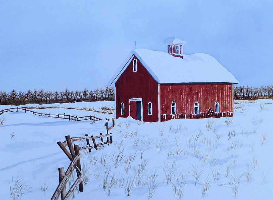 Red Barn in Snow Painting by Susan Bauer