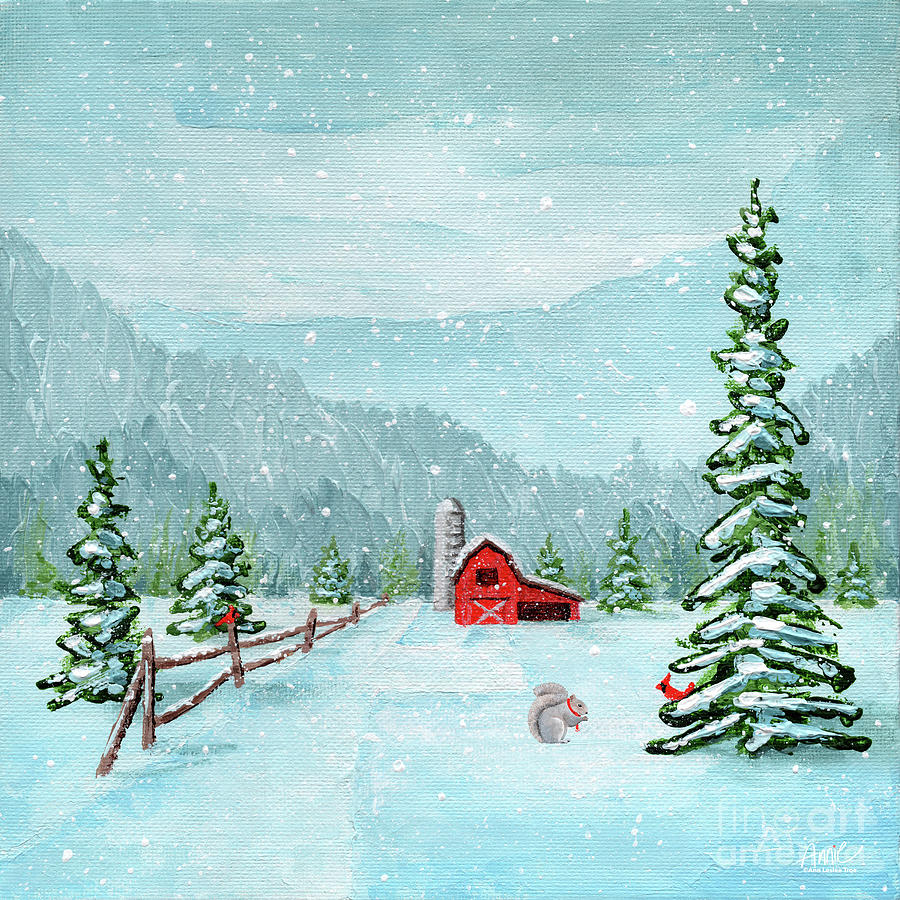 Red Barn in the Snow Painting by Annie Troe