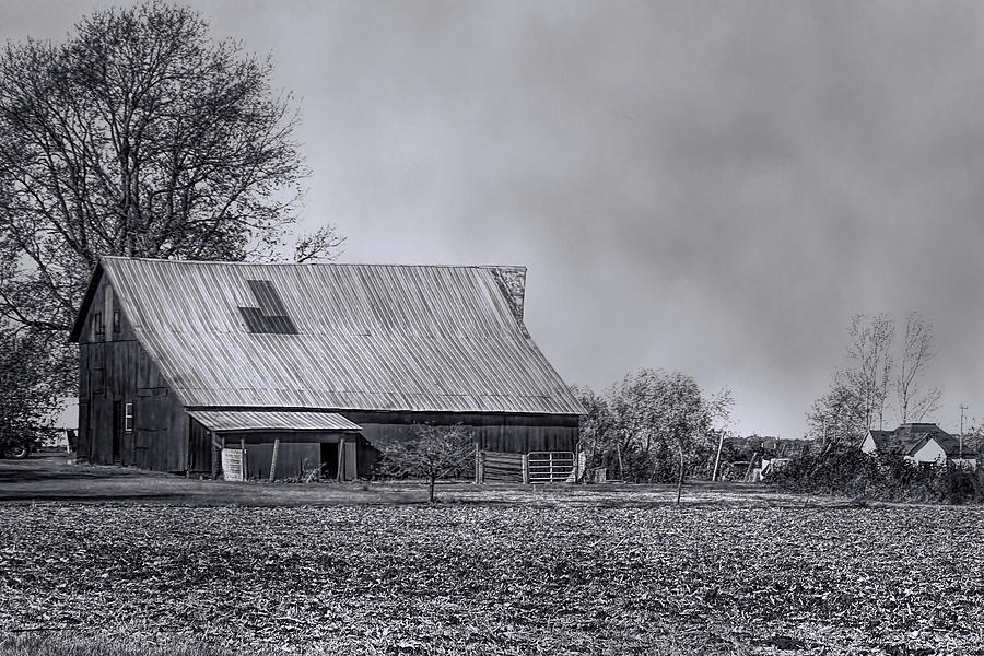 Landscape Photograph - Red Barn In Winter BW by Theresa Campbell