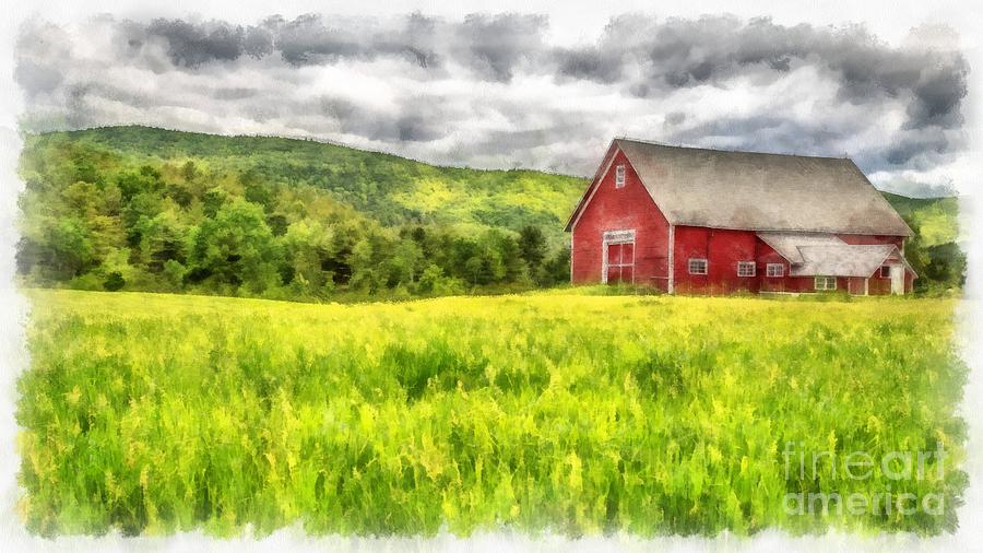 Red Barn Landscape Watercolor Painting