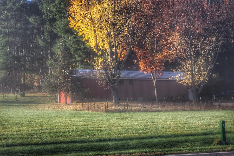 0041 - Red Barn on a Foggy Fall Morning Photograph by Sheryl L Sutter
