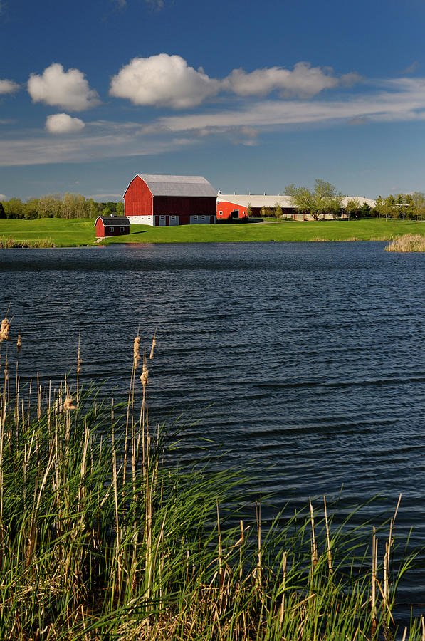 Red barn on blue lake in Lincolnville Ontario with green grass c ...