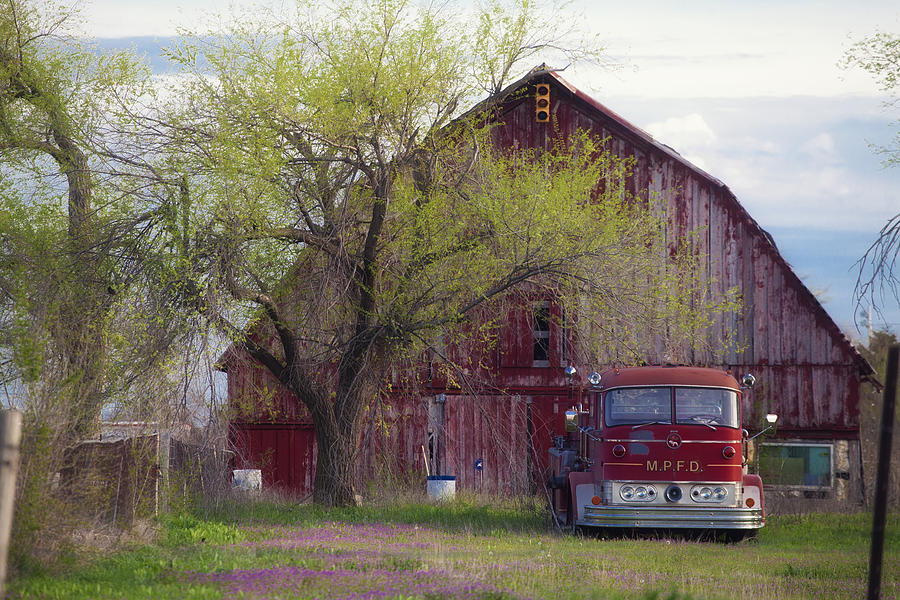 Spring Photograph - Red Barn Red Truck by Toni Hopper
