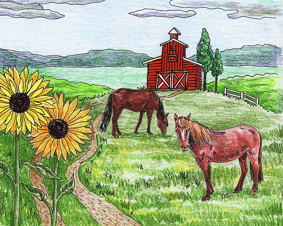 Red Barn Sunflowers Horses Painting by Irina Sztukowski