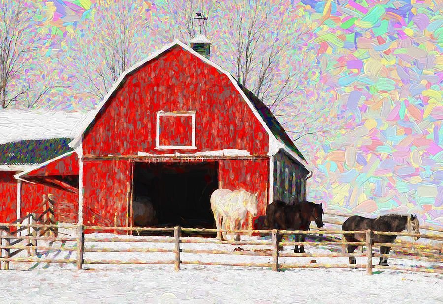 Red barn with horses - V3 Photograph by Les Palenik