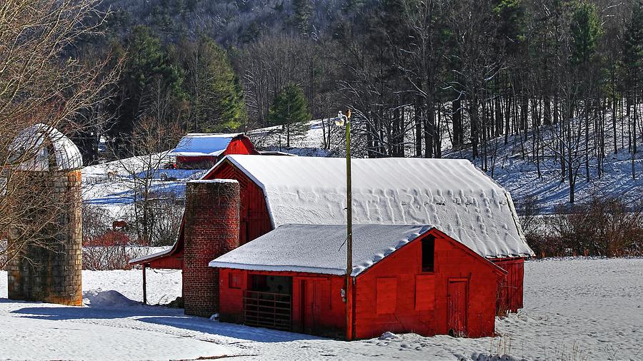 Red Barns And Silo In Snow  Photograph by Carol Montoya