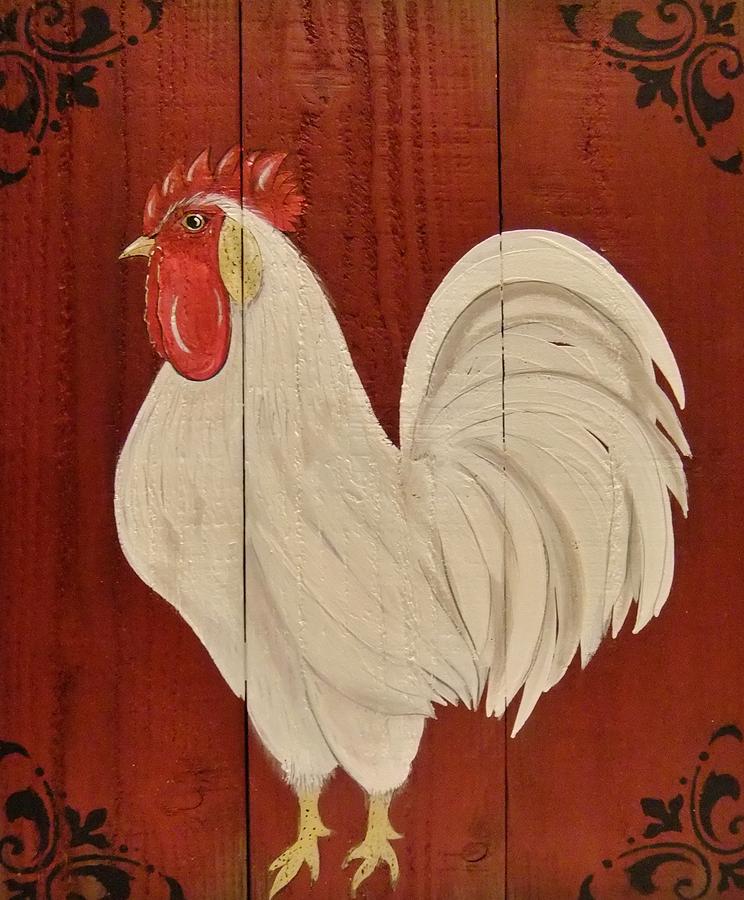 Red Barnyard Rooster Painting by Cindy Micklos