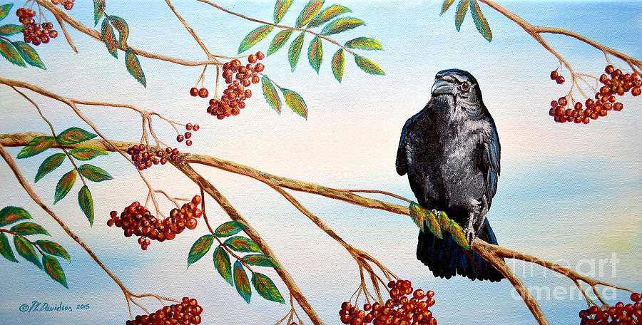 Red Berries And The Crow Painting by Pat Davidson