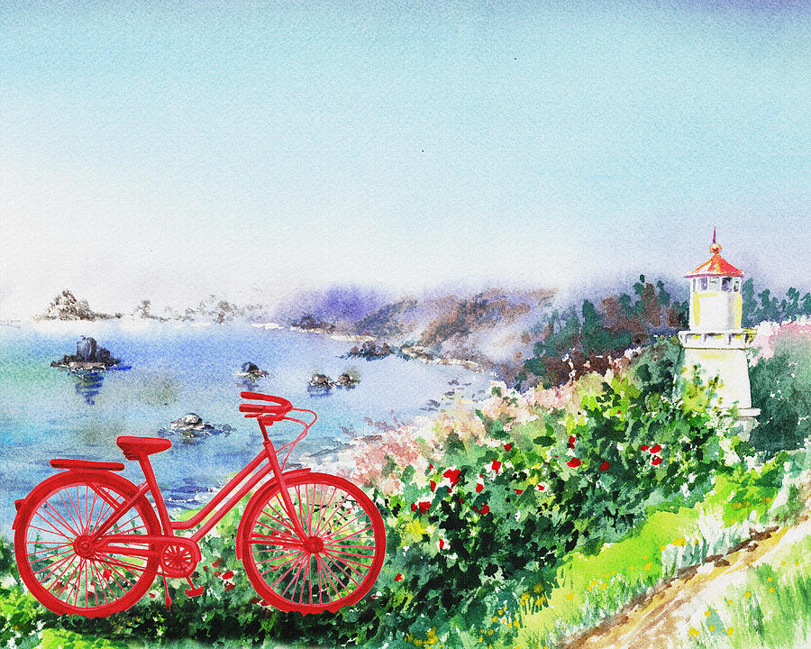 Red Bicycle At The Shore Painting by Irina Sztukowski