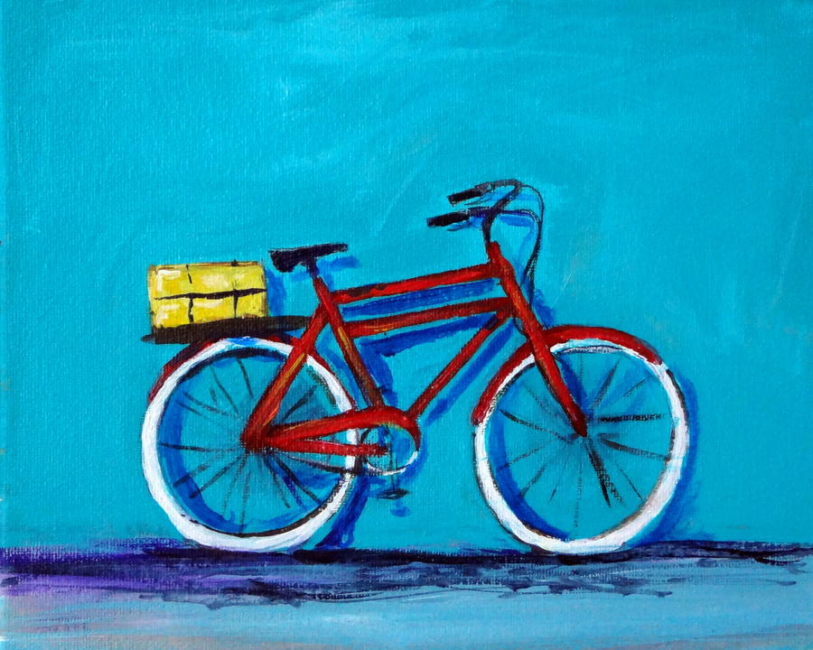 Red Bicycle Blue Wall Beach Painting by Katy Hawk