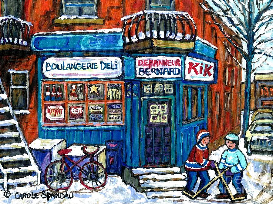Hockey Painting - Red Bike At Boulangerie Bernard Street Hockey Paintings Best Canadian Winter Scene Art by Carole Spandau