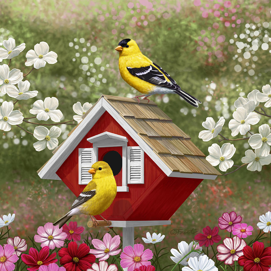 Red Birdhouse and Goldfinches Painting by Crista Forest